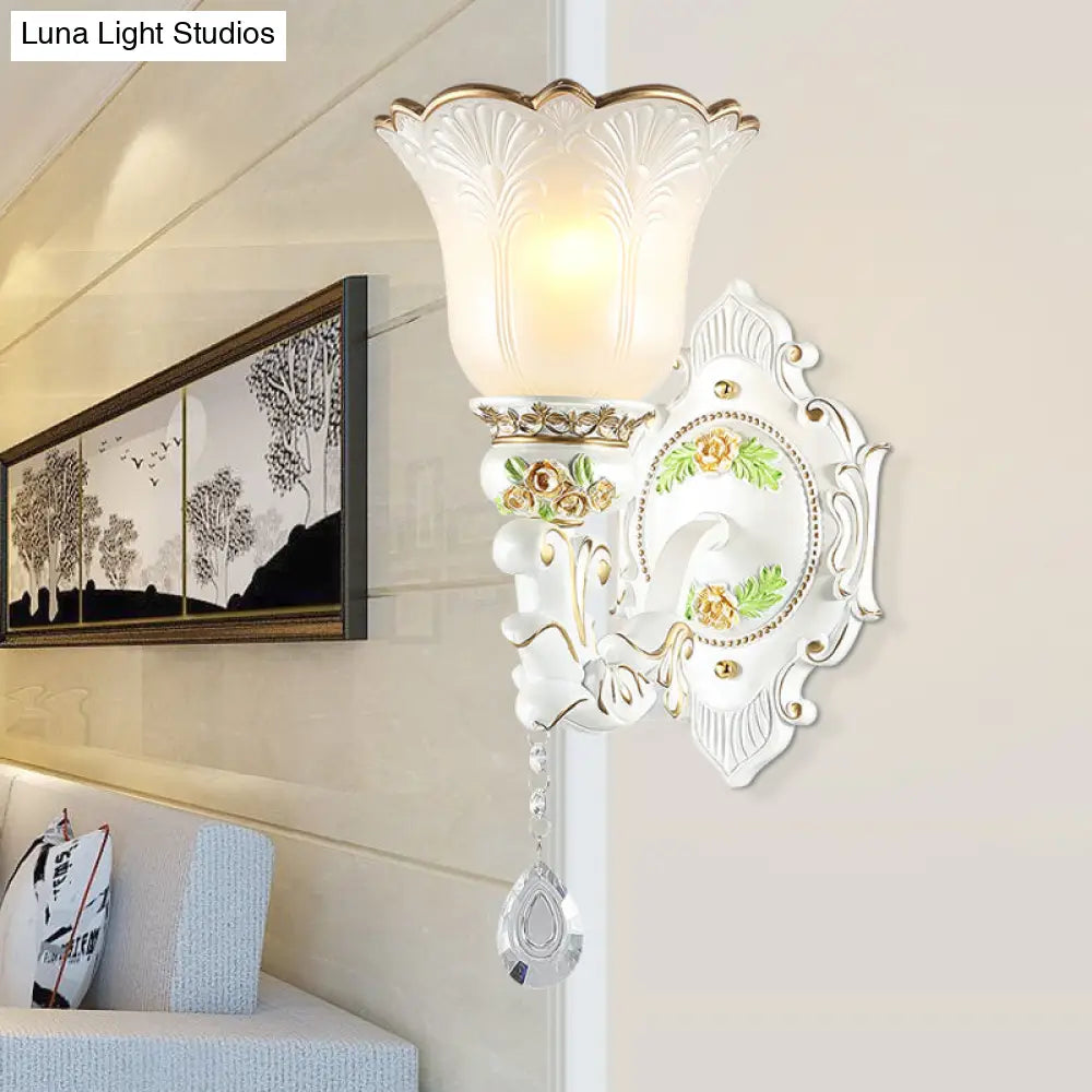 Vintage White Glass Bellflower Sconce With Crystal Drop - 1/2-Light Wall Mount Fixture