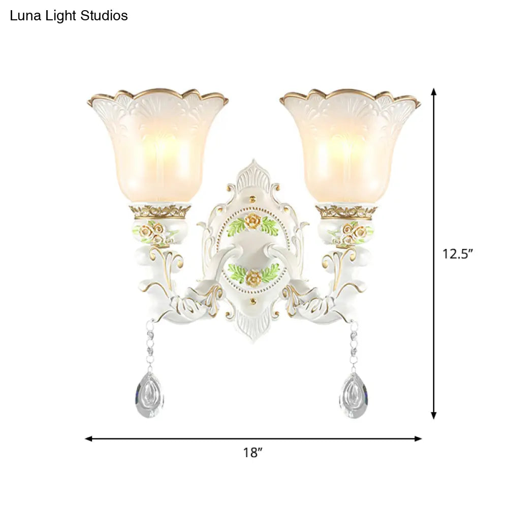 Vintage White Glass Bellflower Sconce With Crystal Drop - 1/2-Light Wall Mount Fixture