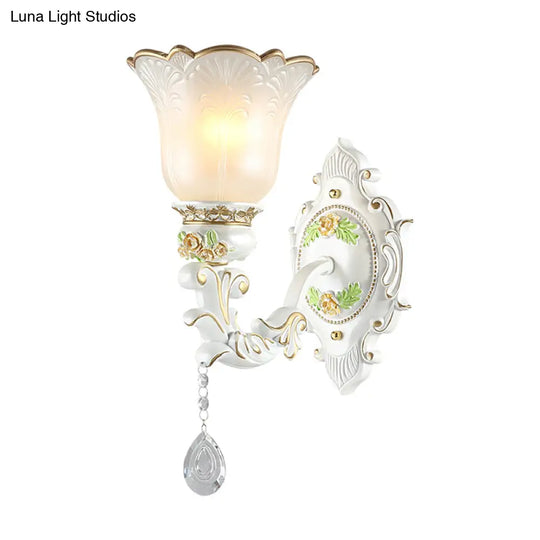 Vintage White Glass Bellflower Sconce With Crystal Drop - 1/2-Light Wall Mount Fixture
