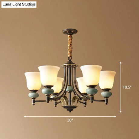 Vintage White Glass Chandelier - Elegant 6-Light Carillon Pendant Light With Ceramic Decor Ideal For