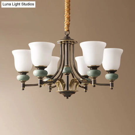 Vintage White Glass Chandelier - Elegant 6-Light Carillon Pendant Light With Ceramic Decor Ideal For