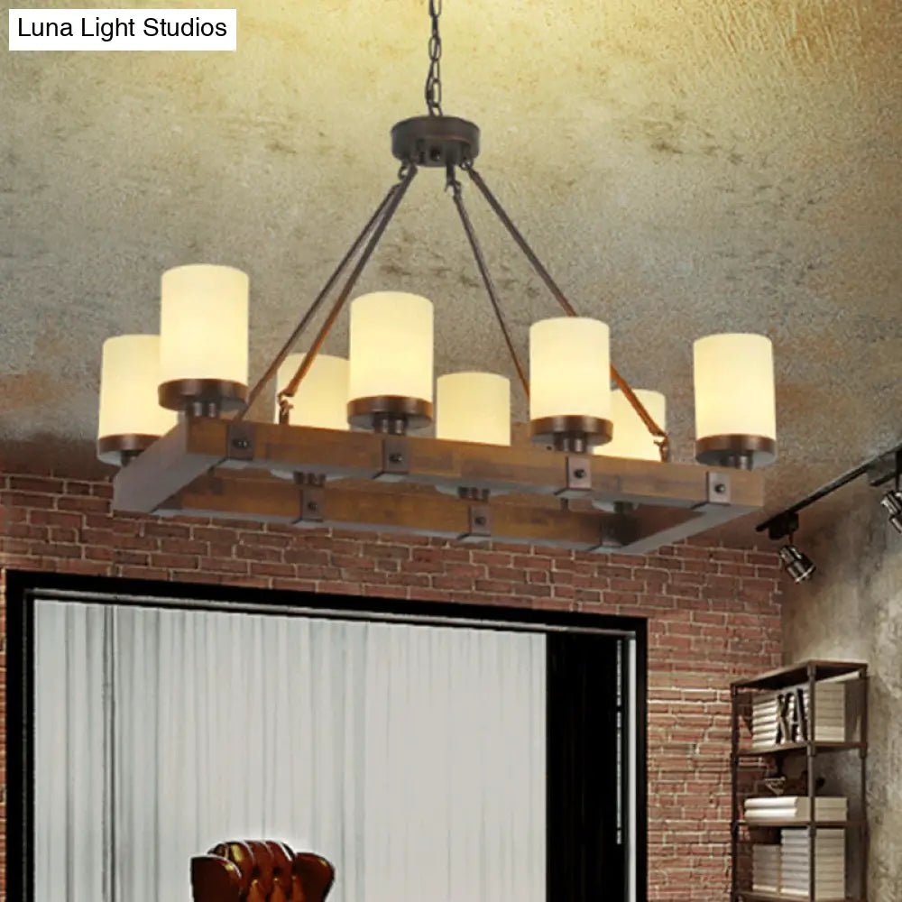 Vintage White Glass Cylinder Island Lamp With 6/8 Lights - Wooden Base Living Room Ceiling Light