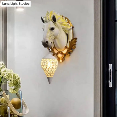 Vintage White/Red Resin Horse Wall Lamp With Crystal Droplet Shade - Indoor Sconce Light 9.5/12 W