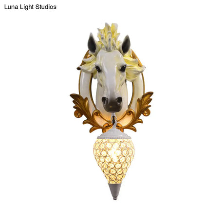 Vintage White/Red Resin Horse Wall Lamp With Crystal Droplet Shade - Indoor Sconce Light 9.5/12 W