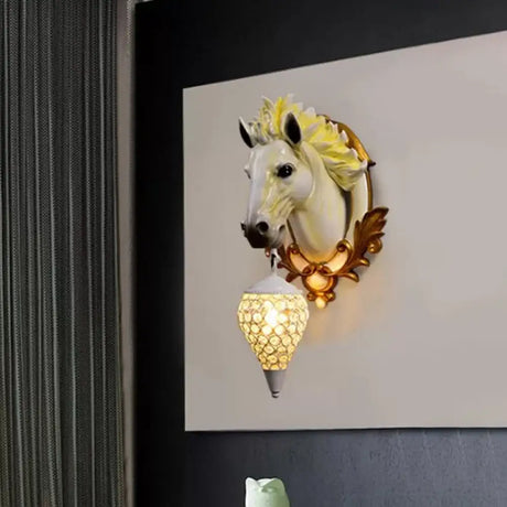 Vintage White/Red Resin Horse Wall Lamp With Crystal Droplet Shade - Indoor Sconce Light 9.5/12 W