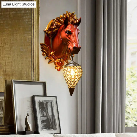 Vintage White/Red Resin Horse Wall Lamp With Crystal Droplet Shade - Indoor Sconce Light 9.5/12 W
