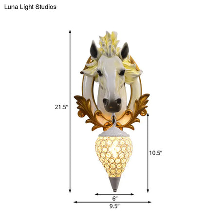 Vintage White/Red Resin Horse Wall Lamp With Crystal Droplet Shade - Indoor Sconce Light 9.5/12 W