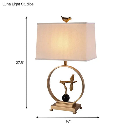 Vintage White Table Lamp With Gold Bird Design - Elegant 1 Light Rectangular Shape Fabric Shade