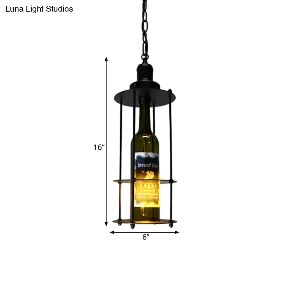 Vintage Wine Bottle Drop Pendant With Wire Cage - Black Glass Hanging Lamp