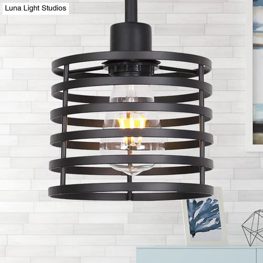 Vintage Wire Cage Hanging Lamp: Metallic Pendant Light With Cylindrical Black/Brass Shade
