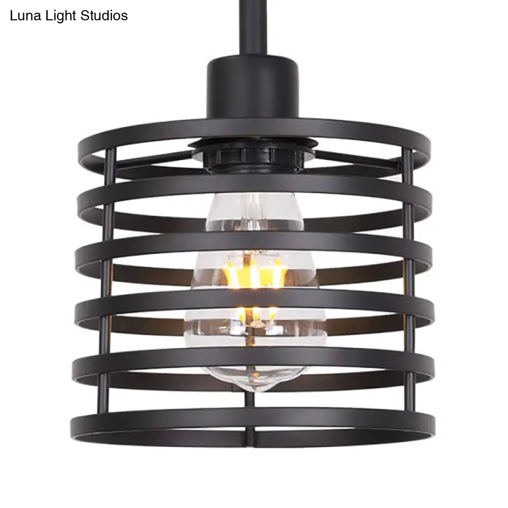 Vintage Wire Cage Hanging Lamp: Metallic Pendant Light With Cylindrical Black/Brass Shade