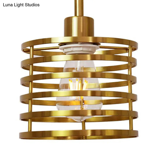 Vintage Wire Cage Pendant Light With Cylindrical Shade - Single Bulb Metallic Finish (Black/Brass)