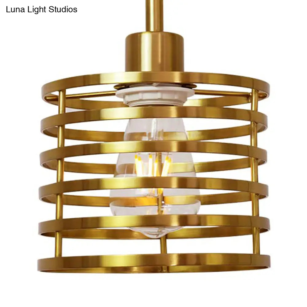 Vintage Wire Cage Hanging Lamp: Metallic Pendant Light With Cylindrical Black/Brass Shade
