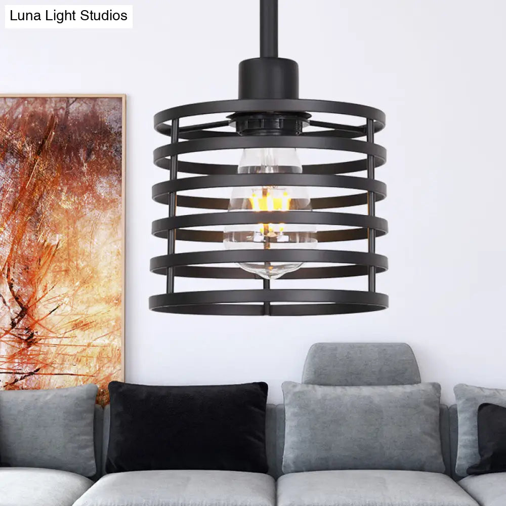 Vintage Wire Cage Pendant Light With Cylindrical Shade - Single Bulb Metallic Finish (Black/Brass)