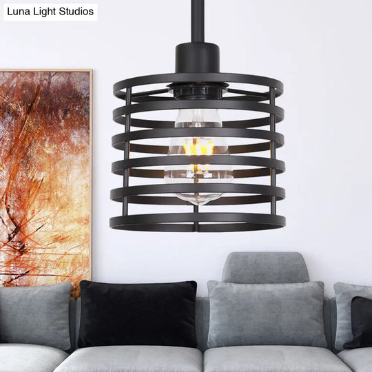 Vintage Wire Cage Pendant Light With Cylindrical Shade - Single Bulb Metallic Finish (Black/Brass)