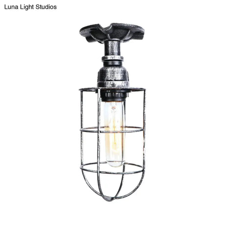 Vintage Wire Guard Ceiling Light For Corridors - Black/Bronze Semi-Flush Mount With 1 Bulb