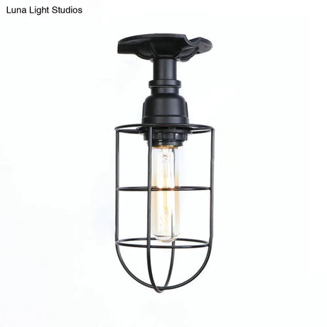 Vintage Wire Guard Ceiling Light For Corridors - Black/Bronze Semi-Flush Mount With 1 Bulb