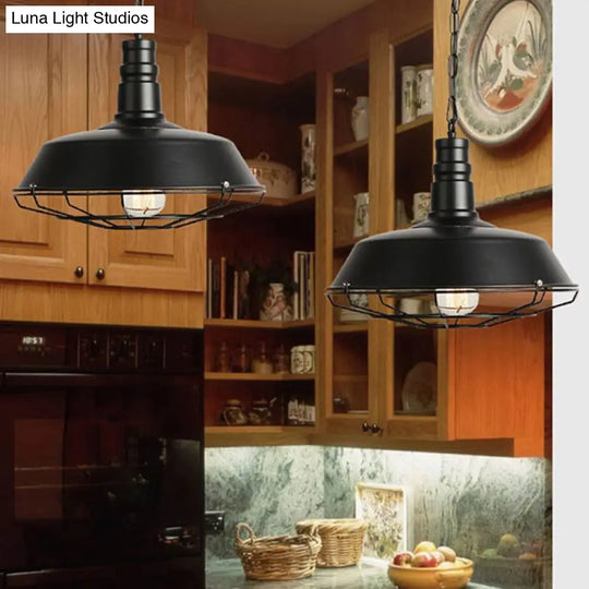 Vintage Wire Guard Pendant Light With Barn Shade - 10’/14’/18’ Wide Black/Bronze/Rust Metal