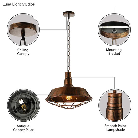Vintage Wire Guard Pendant Light With Barn Shade - 10’/14’/18’ Wide Black/Bronze/Rust Metal