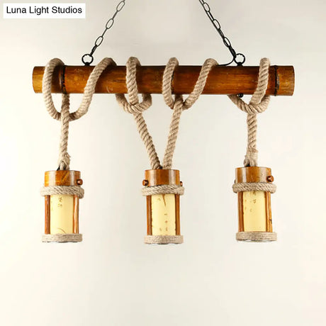 Vintage Wood Cylindrical Pendant Lamp - Bamboo Island Lighting With Rope Cord Set Of 3 Bulbs