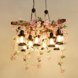 Vintage Wooden Lantern Pendant Chandelier With Led Flower Suspension Light In Pink - 3/6/8 Heads