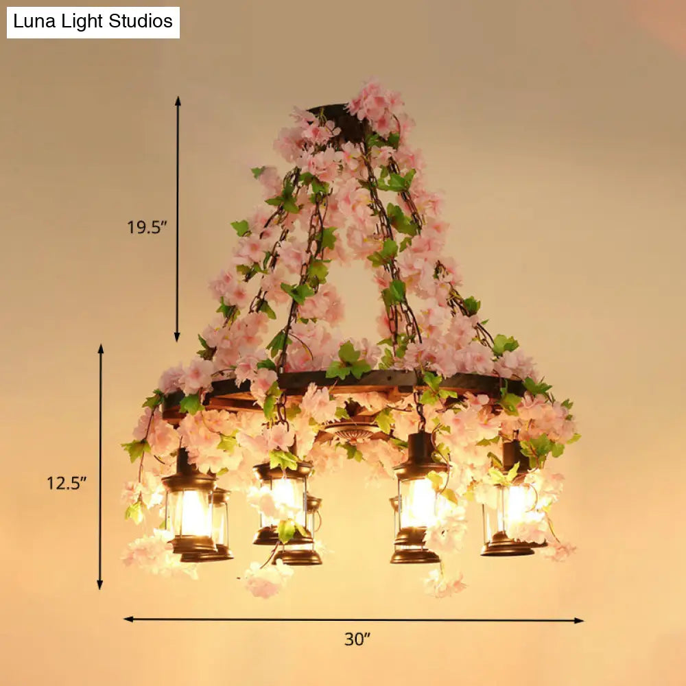 Vintage Wooden Lantern Pendant Chandelier With Led Flower Suspension Light In Pink - 3/6/8 Heads