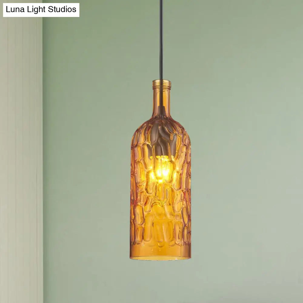 Vintage Yellow/Brown Glass Pendant Light With Dimpled Bottle Shade - 1-Light Fixture For Living Room