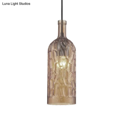 Vintage Yellow/Brown Glass Pendant Light With Dimpled Bottle Shade - 1-Light Fixture For Living Room