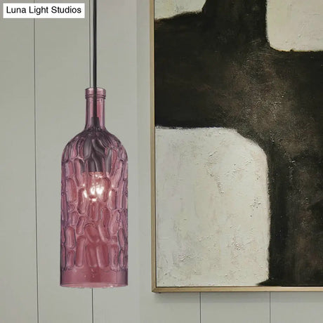 Vintage Yellow/Brown Glass Pendant Light With Dimpled Bottle Shade - 1-Light Fixture For Living Room