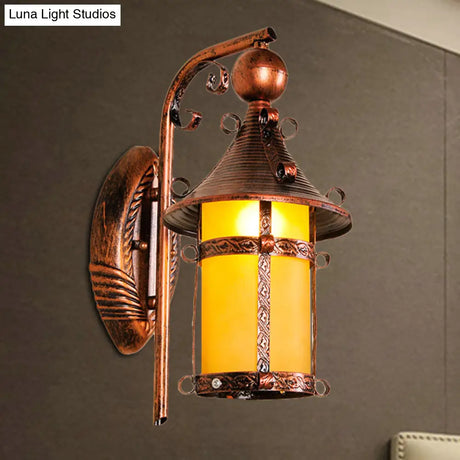 Vintage Yellow Glass Wall Mounted Light With Curved Arm And Weathered Copper Finish For House