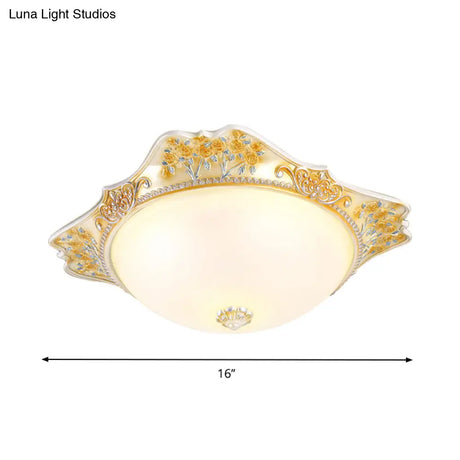 Vintage Yellow Opaline Glass Dome Flush Mount Light With Floral Accent Available In 3 Sizes: 12’