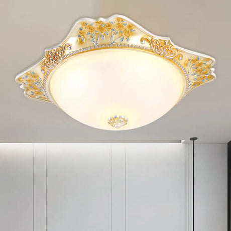 Vintage Yellow Opaline Glass Dome Flush Mount Light With Floral Accent Available In 3 Sizes: 12’