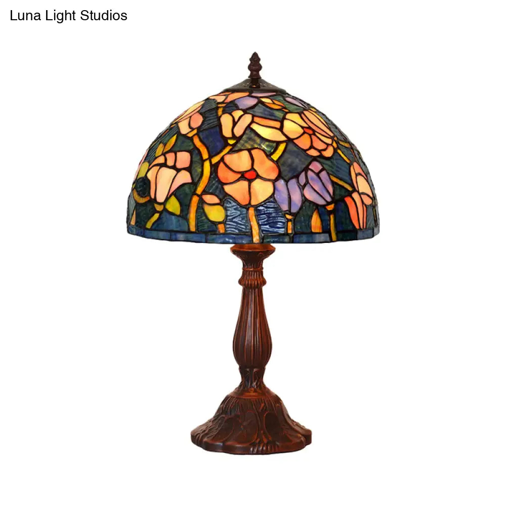 Tiffany Bronze Kitchen Table Lamp With Flower Stained Glass Shade - 1-Light Night Light