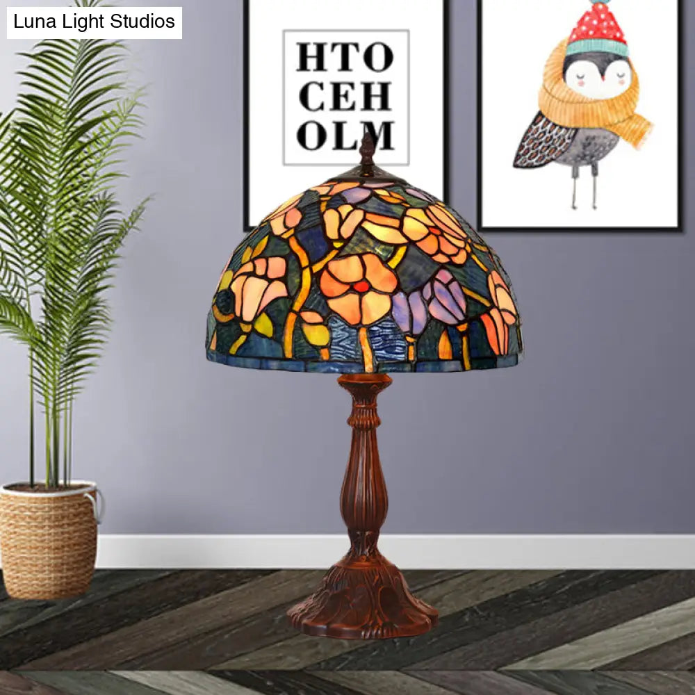 Tiffany Bronze Kitchen Table Lamp With Flower Stained Glass Shade - 1-Light Night Light