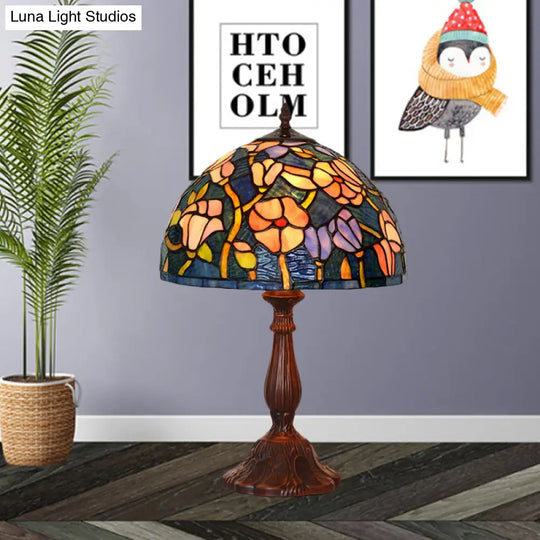 Tiffany Bronze Kitchen Table Lamp With Flower Stained Glass Shade - 1-Light Night Light