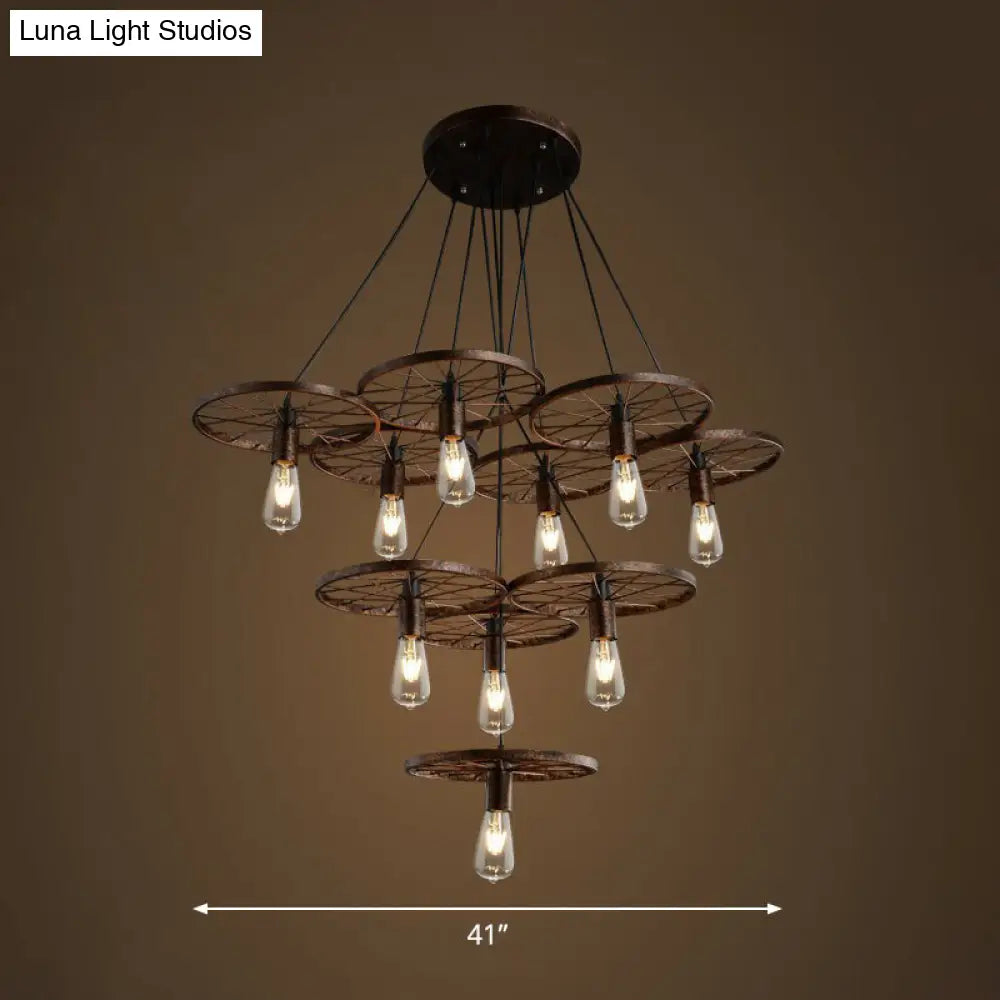 Loft Style Wagon Wheel Chandelier - Cast Iron Suspension Pendant Light For Dining Room 10 / Rust