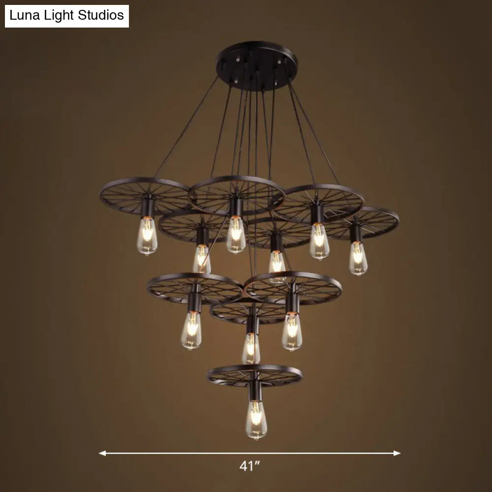 Loft Style Wagon Wheel Chandelier - Cast Iron Suspension Pendant Light For Dining Room 10 / Black