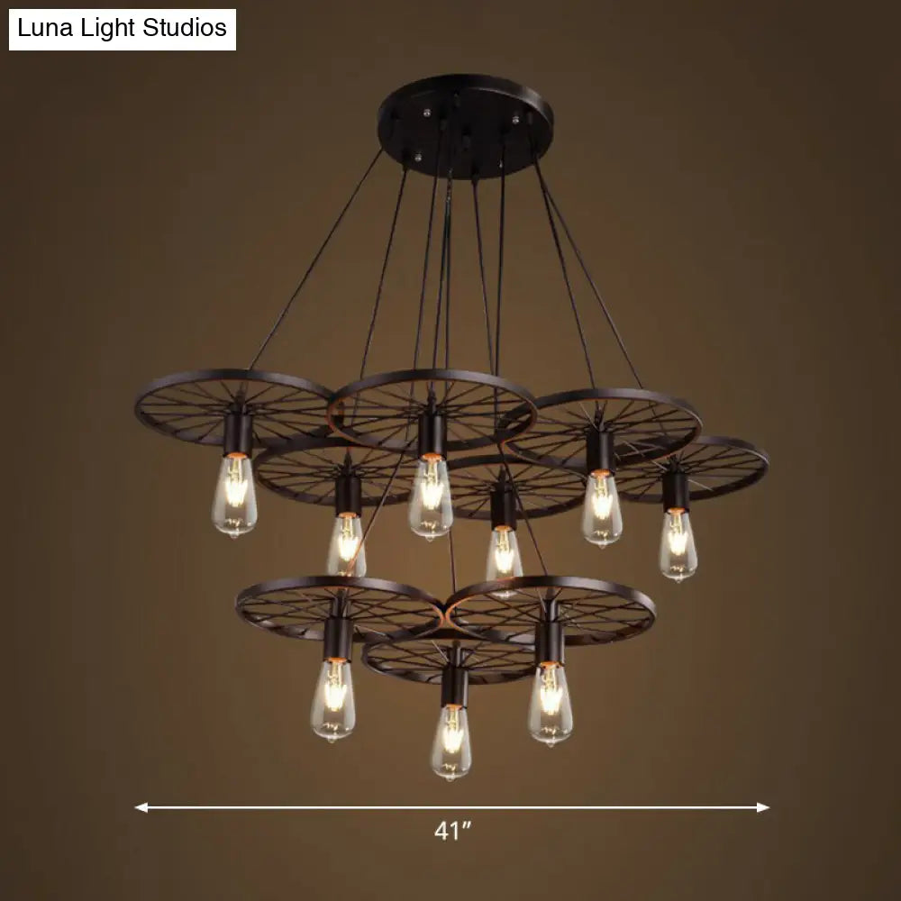 Loft Style Wagon Wheel Chandelier - Cast Iron Suspension Pendant Light For Dining Room 9 / Black