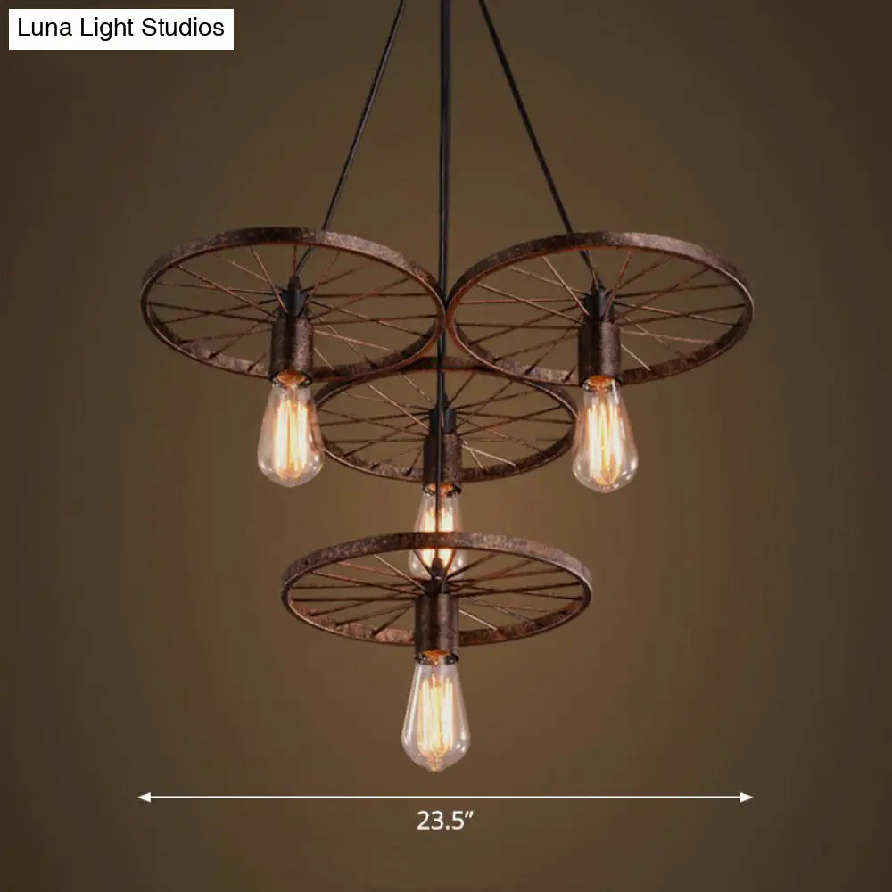 Loft Style Wagon Wheel Chandelier - Cast Iron Suspension Pendant Light For Dining Room 4 / Rust