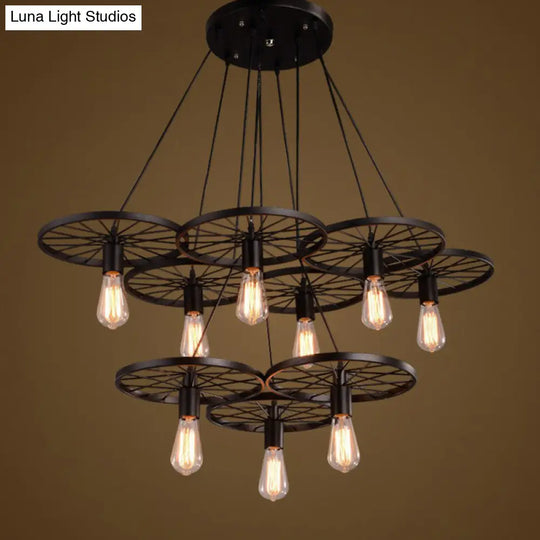 Wagon Wheel Cast Iron Chandelier Pendant Light For Dining Room - Loft Style
