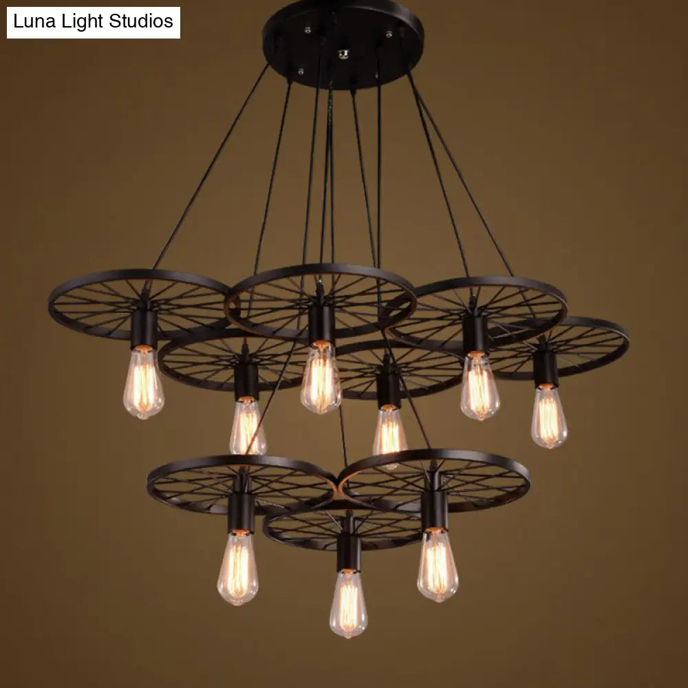 Loft Style Wagon Wheel Chandelier - Cast Iron Suspension Pendant Light For Dining Room