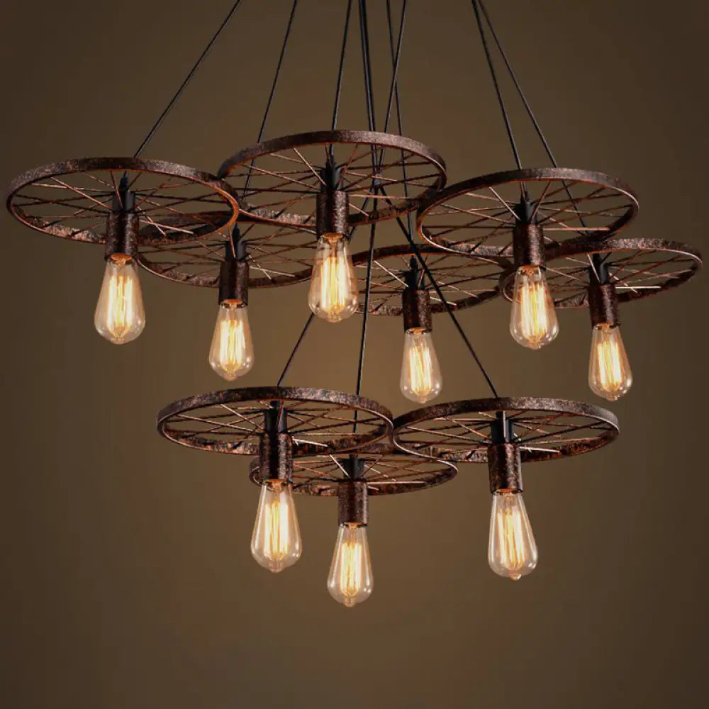 Wagon Wheel Cast Iron Chandelier Pendant Light For Dining Room - Loft Style 9 / Rust