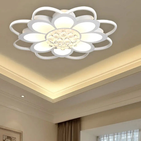 Warm/White/3 Color Led Crystal Flush Light - Simple White Floral Living Room Mount Lamp Multiple
