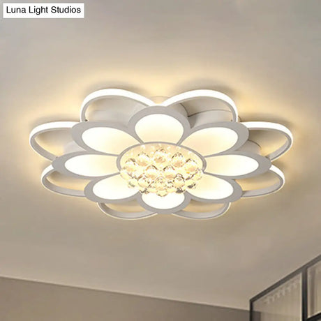 Warm/White/3 Color Led Crystal Flush Light - Simple White Floral Living Room Mount Lamp Multiple