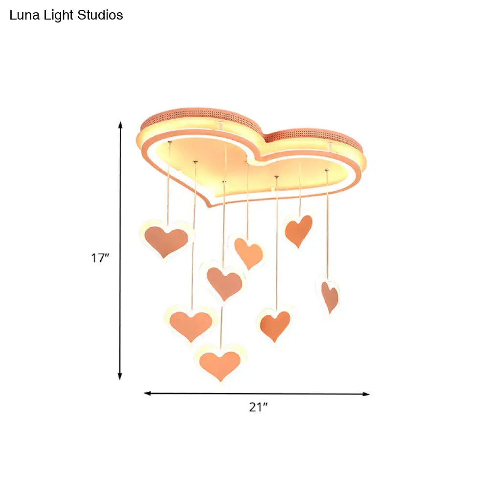 Waterfall Heart Iron Ceiling Lamp - Macaron Pink Led Flush Mount Lighting For Bedroom