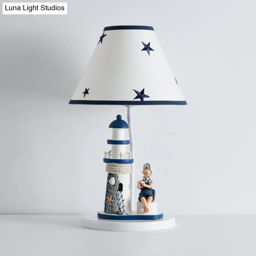 Whimsical Lighthouse Table Lamp - Boy/Girl Cartoon Resin Night Stand Light (White/Blue 1 Light)