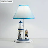 Whimsical Lighthouse Table Lamp - Boy/Girl Cartoon Resin Night Stand Light (White/Blue 1 Light)