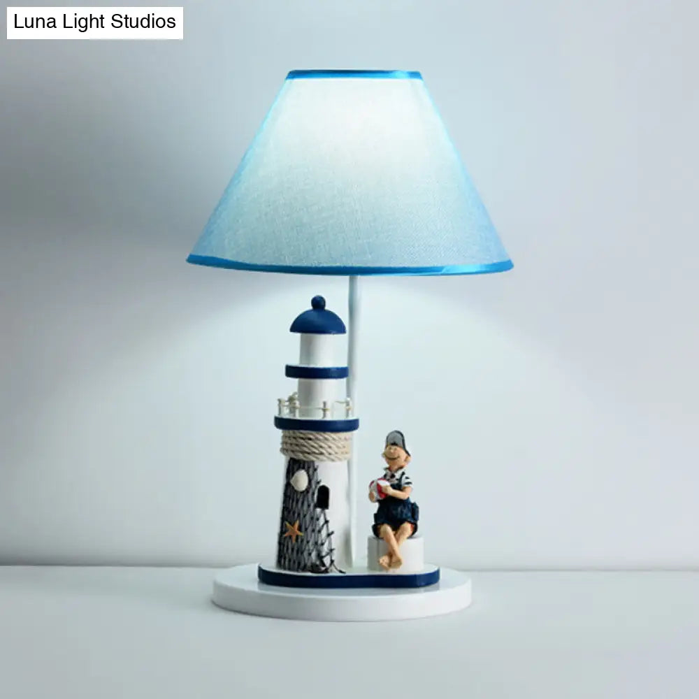 Whimsical Lighthouse Table Lamp - Boy/Girl Cartoon Resin Night Stand Light (White/Blue 1 Light)