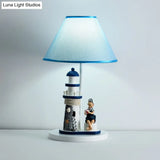 Whimsical Lighthouse Table Lamp - Boy/Girl Cartoon Resin Night Stand Light (White/Blue 1 Light)