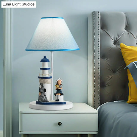 Whimsical Lighthouse Table Lamp - Boy/Girl Cartoon Resin Night Stand Light (White/Blue 1 Light)